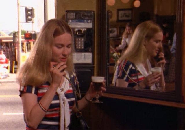 photo of Mary Ann Singleton on the phone at the Buena Vista, from the 1993 Mini-series
